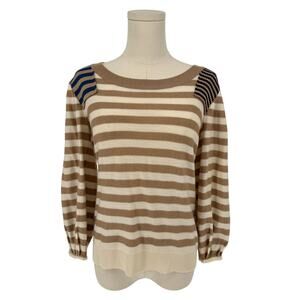 Sonia Rykiel Paris Wool Sweater Beige Stripe Pullover Patchwork Balloon Sleeve S